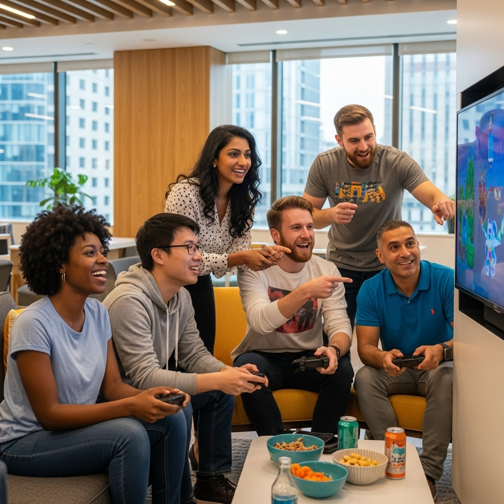 A group of friends playing video games while relaxing at home
